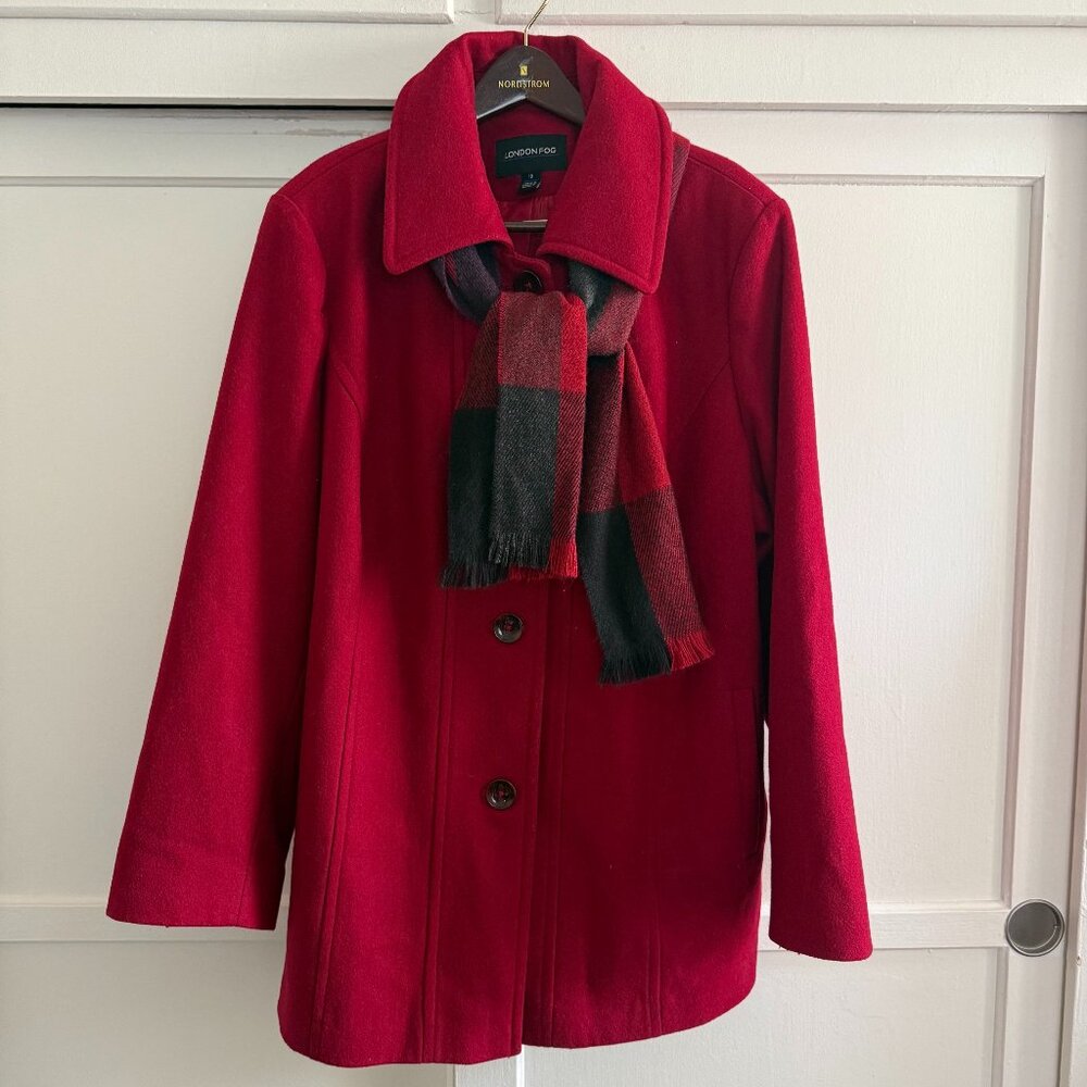 London Fog Red Wool-Blend Coat w/ Plaid Scarf – Size 1X
